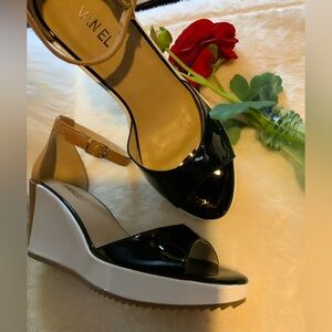 Vaneli Black Patent and Tan Wedge Sandals with White Platform